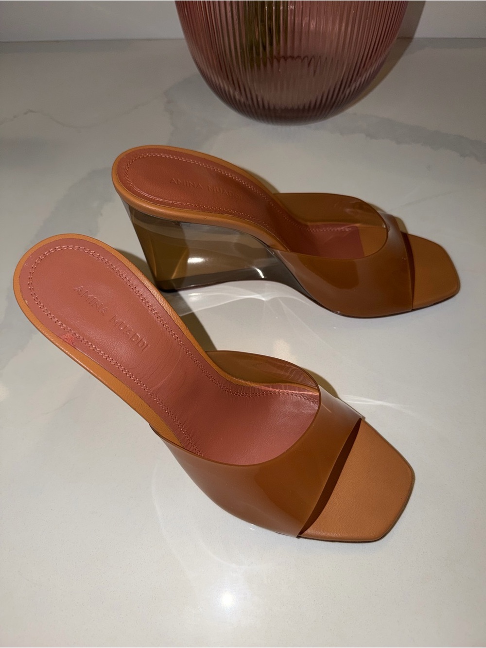Amina Muaddi - Lupita Glass Wedge Sandals - 38 (8) - Tan Color